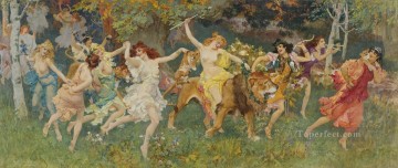 350 人の有名アーティストによるアート作品 Painting - 森の中でライオンの上で妖精を踊る女の子女性の美しさフレデリック アーサー ブリッジマン